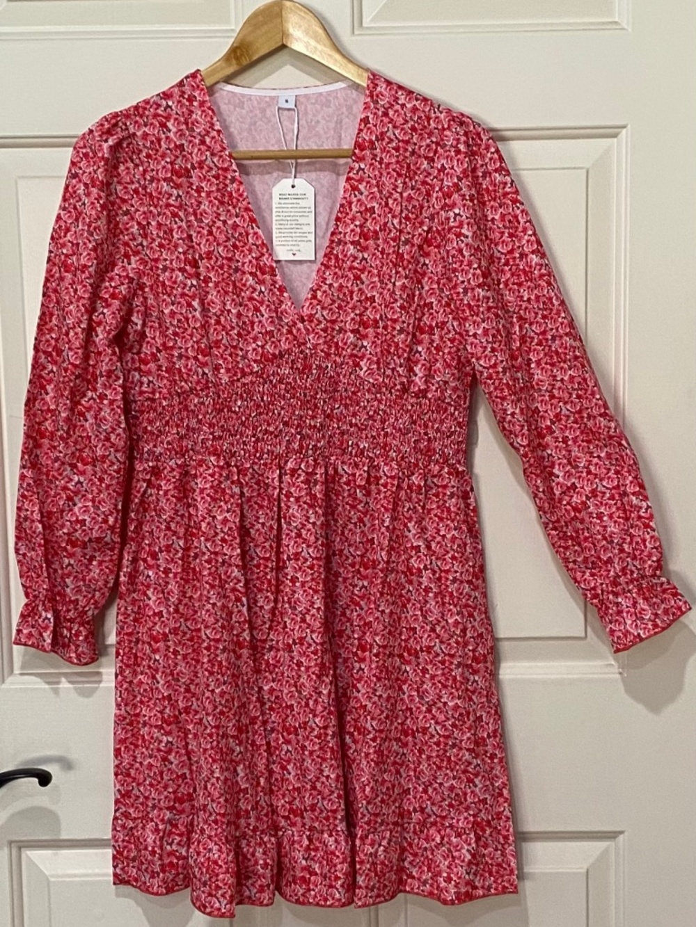 NWT Pink Floral Smocked Waist Dress β Long Sleeve Sm & Med